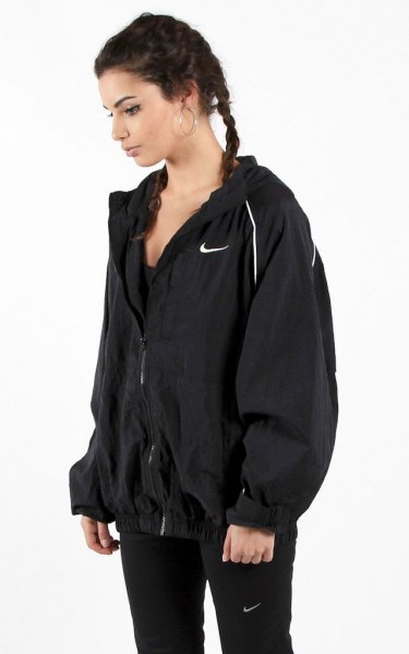 black oversized jacket with slim fit running trousers
