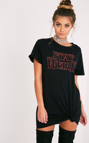 black oversize print t-shirt as a mini dress