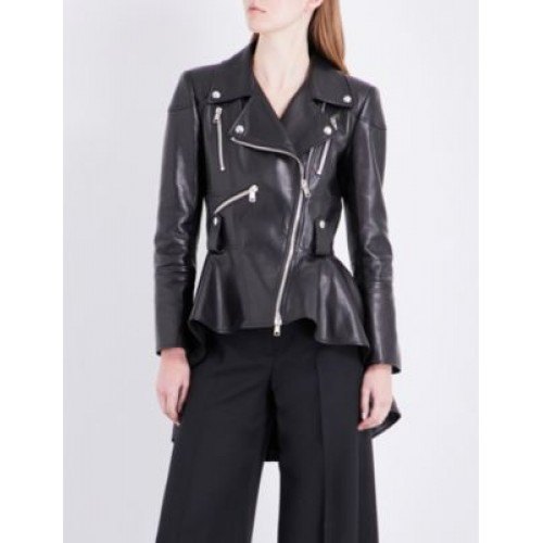 black peplum leather jacket with chinos with wide legs