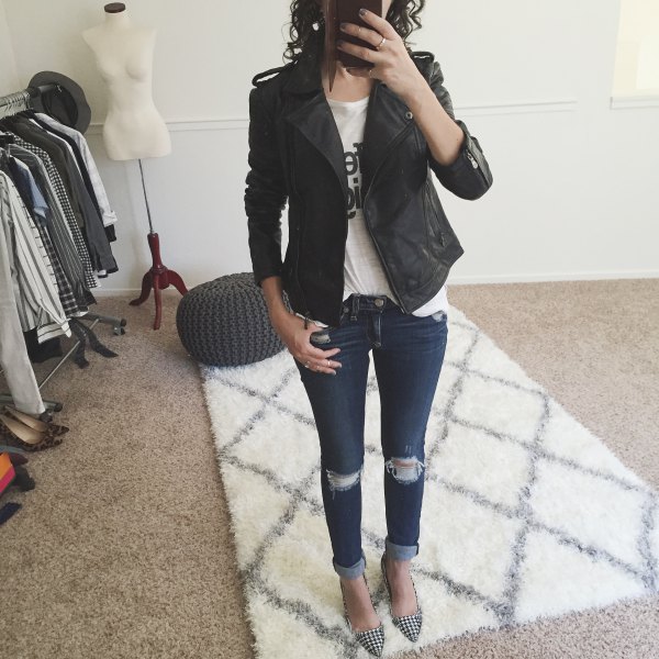 black petite matt leather jacket with white printed T-shirt and skinny jeans