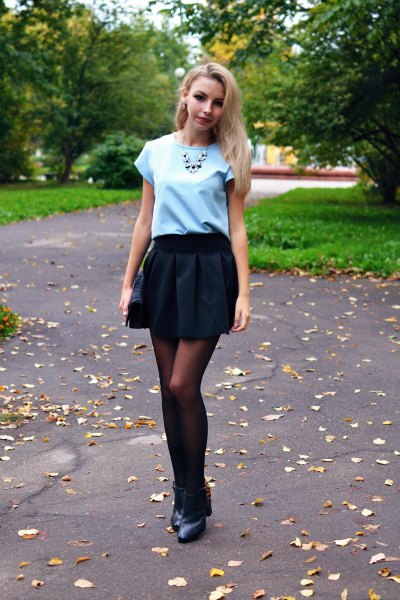 black pleaded mini skirt sky blue t-shirt
