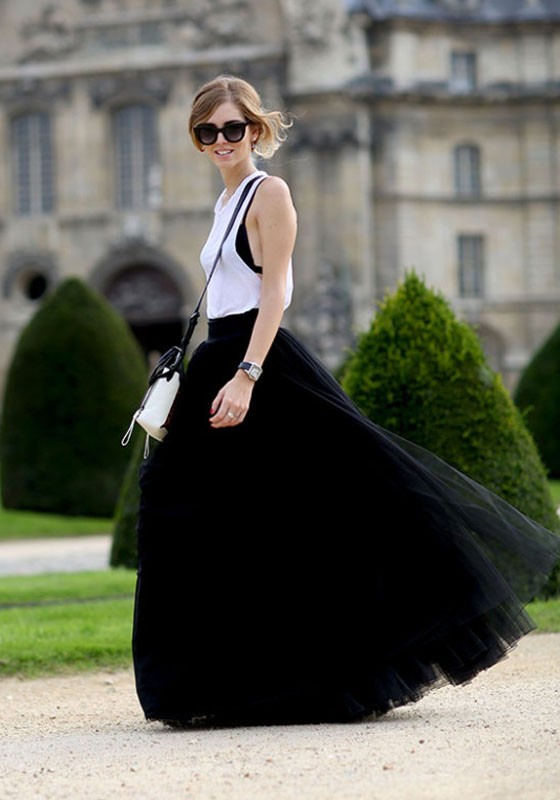 black puffy high-waisted maxi skirt