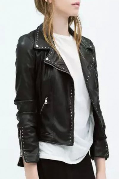 black punk leather rivet jacket with white, oversized t-shirt