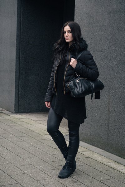 black quilted jacket with padded faux fur collar and leather gaiters