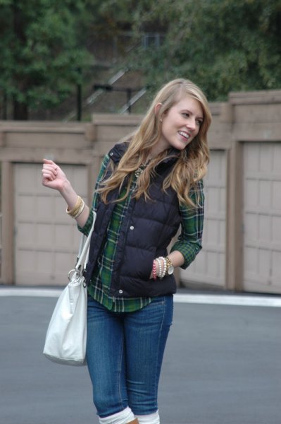 black quilted vest with gray and dark blue checked boyfriend shirt