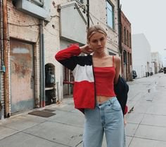 black red and white color block windbreaker with crop top