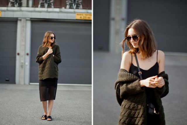black, relaxed midi cami dress with oversized cardigan