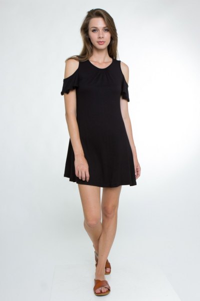 black swing dress with cold shoulders and ruffle sleeves