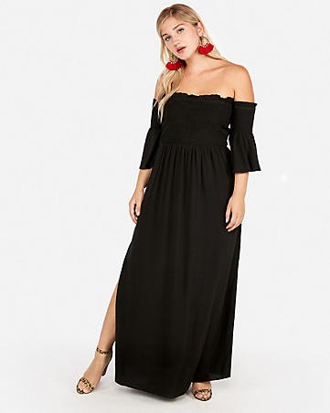 black ruffle sleeves from the strapless maxi side slit dress
