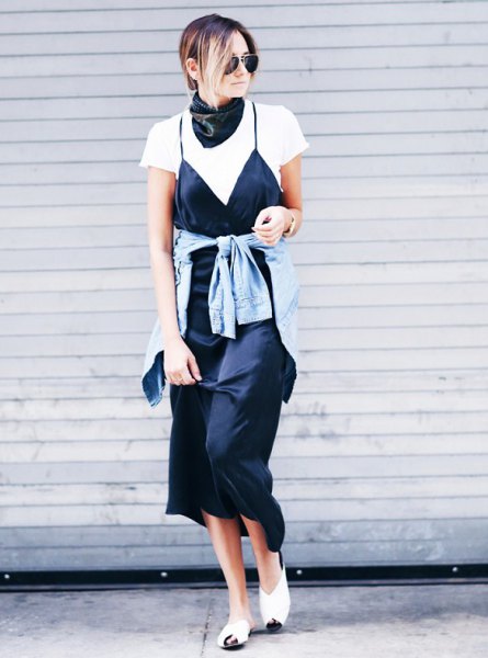 black satin scarf white t-shirt cami maxi dress