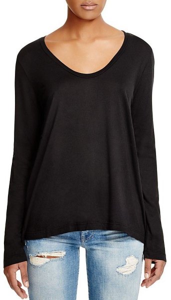 black long-sleeved t-shirt with scoop neck and light blue jeans