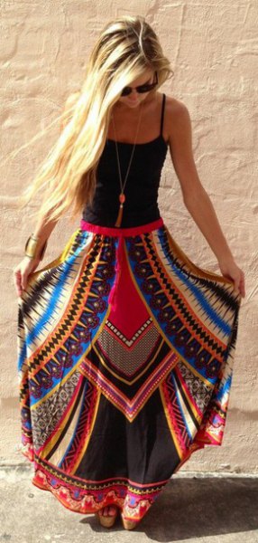black tank top with scoop neckline and blue and red printed maxi gypsy skirt