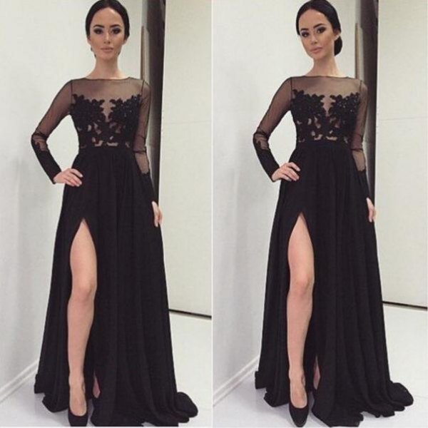 black, semi-transparent, floor-length, slit lace dress