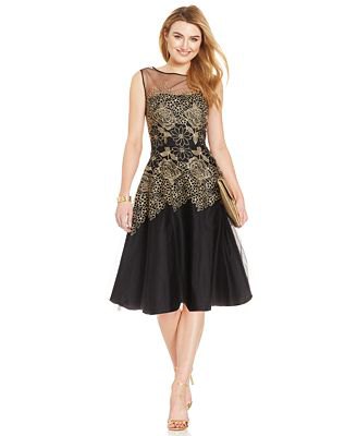 black, semi-transparent lace midi skater dress