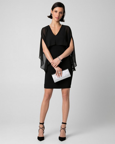 black semi-transparent cape mini dress with V-neck