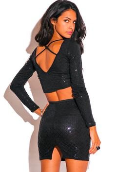 black top with sequins and matching mini skirt