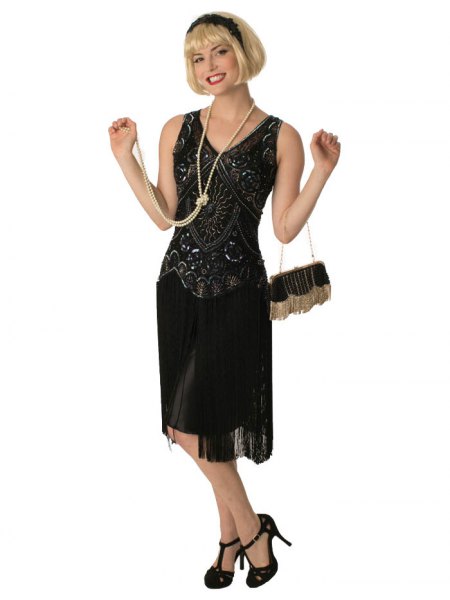 black sequin midi fringed dress in Gatsby style