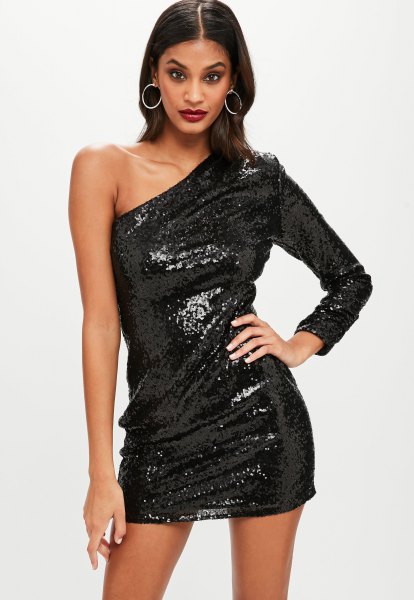 black sequin mini dress with one sleeve
