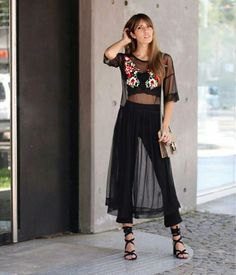 black, see-through, flowery mesh dress over bra tops and pants