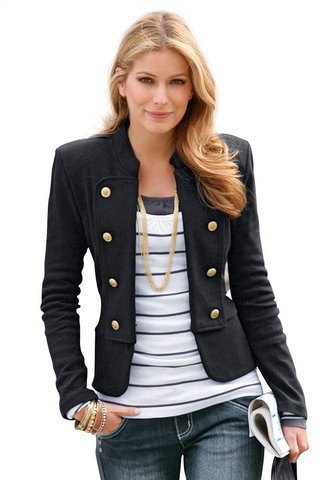black short blazer with gray and white striped tess