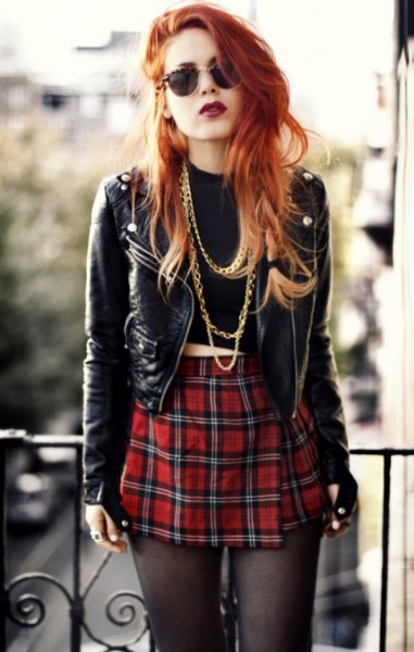 black short punk leather jacket with red checked mini skirt