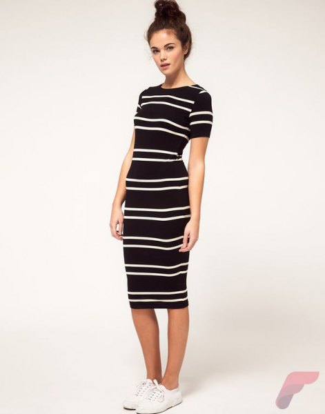 black short-sleeved horizontal striped midi dress