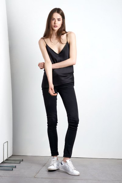 black skinny jeans from silk shirt