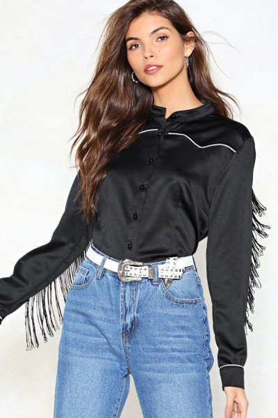 black silk fringed button up shirt mom jeans