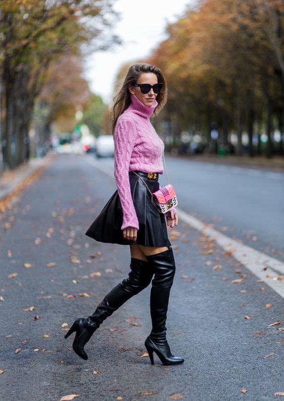 black skater skirt leather pink sweater