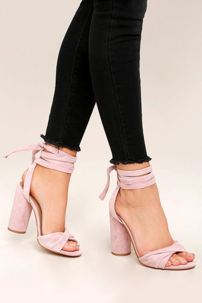 black skinny jeans with pink strappy high heels
