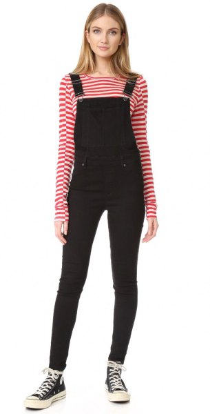 black, narrow velvet overall with red and white striped t-shirts