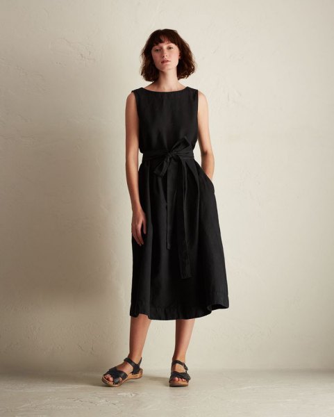black sleeveless linen midi dress with belt