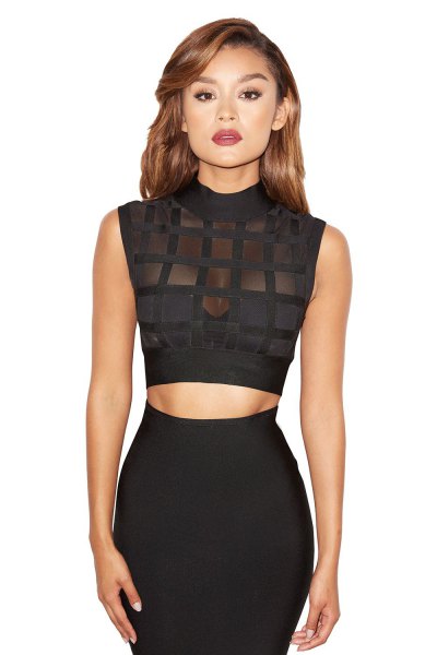 black sleeveless mock-neck crop top with a high-waisted, figure-hugging midi skirt