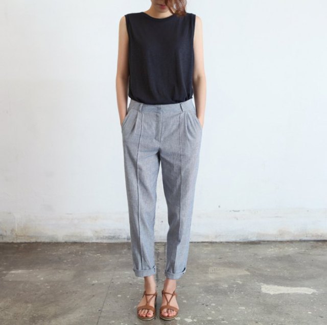 black sleeveless top with gray DIY ankle pants