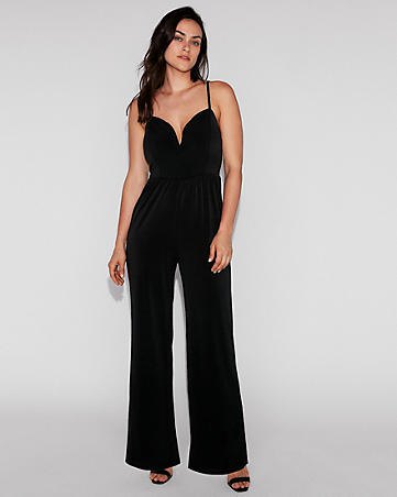 formal jumpsuit with black spaghetti strap and sweetheart neckline and open toe heels