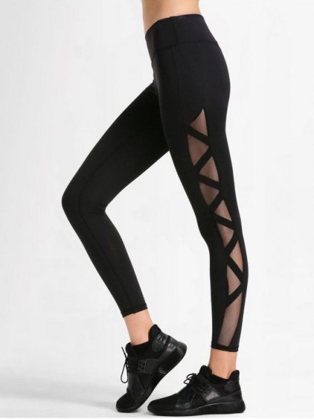 black sports crop top with black mesh workout leggings