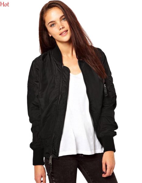 black, semi-glossy sports jacket with white t-shirt with scoop neck