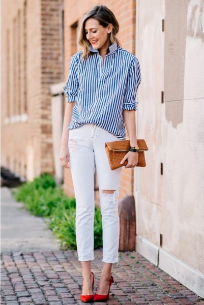 black striped shirt with buttons and white cut, slim cut jeans