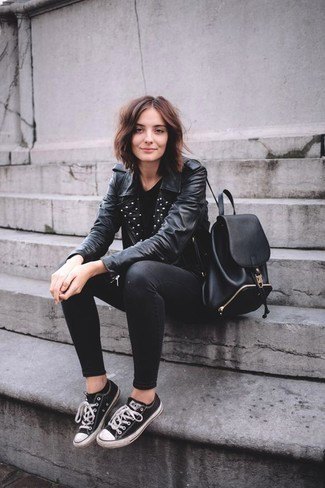 black leather jacket with riveted collar, skinny jeans and low top