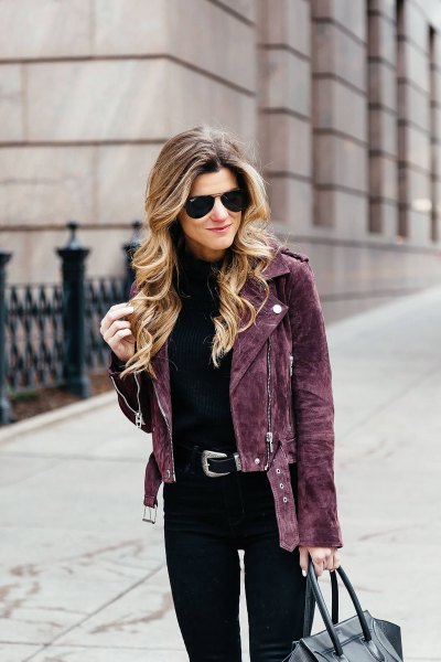 black suede biker jacket with slim fit high-waisted jeans