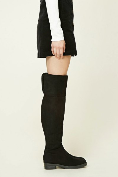 black suede above the knee fold over boots with a shift dress