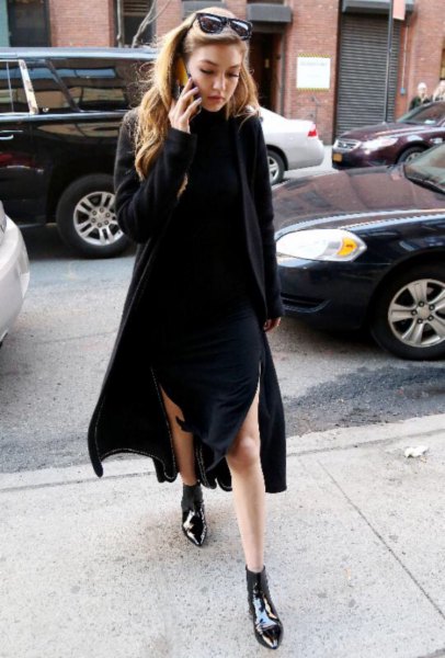 black sweater dress pointy toe ankle boots