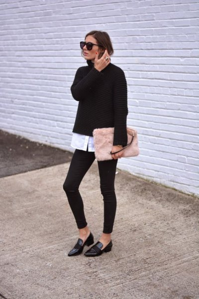 black sweater with white shirt and blushing pink clutch