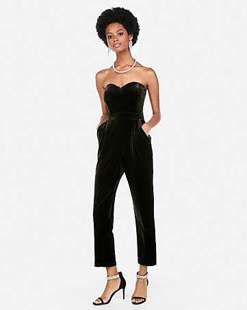 black sweetheart neckline strapless formal jumpsuit with open toe heels