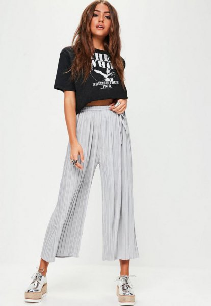 black t-shirt with gray folded culottes