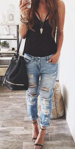 black tank top with torn boyfriend jeans and open toe heels