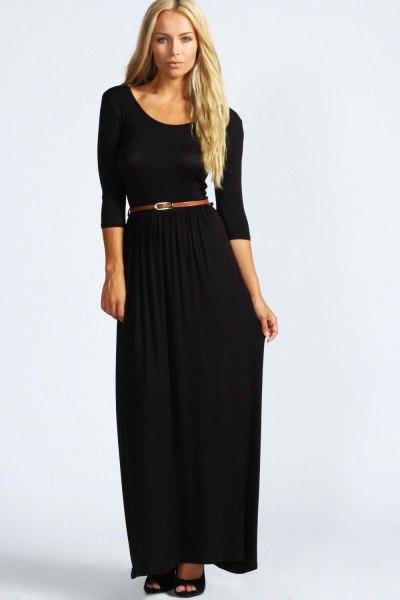black maxi dress with three-quarter sleeves and scoop neckline