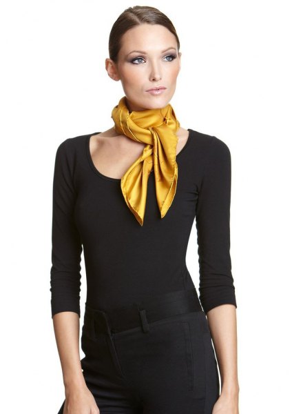 black three-quarter-sleeved coat midi dress yellow scarf