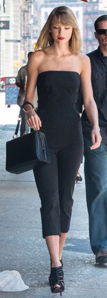 black tube top with shortened trousers and open toe heels