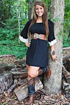 black tunic dress with brown, wide leather belt